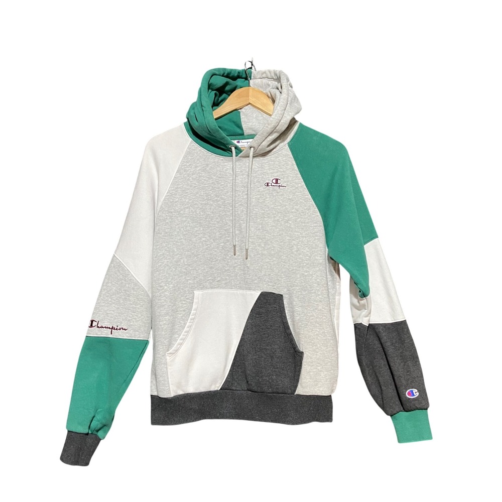 Champion Classic Fleece Colorblock Hoodie Grey Green White WL9307 Mens Medium